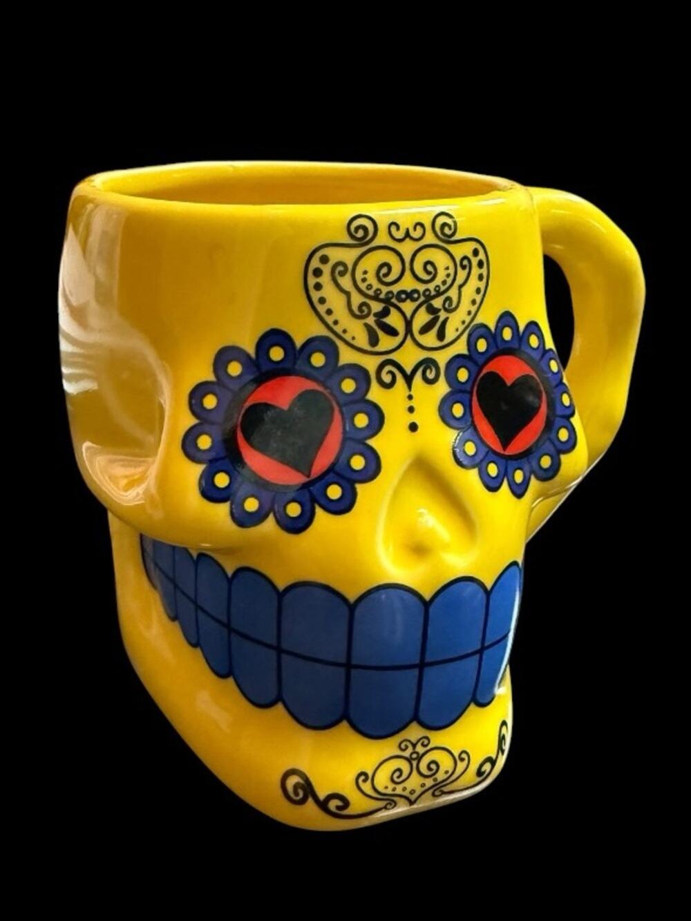 Yellow Sugar Skull Ceramic Mug with Blue and Red Accents